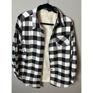 Riah Fashion Buffalo Plaid Shacket Black White Faux Fur Lined Flannel Jacket XL